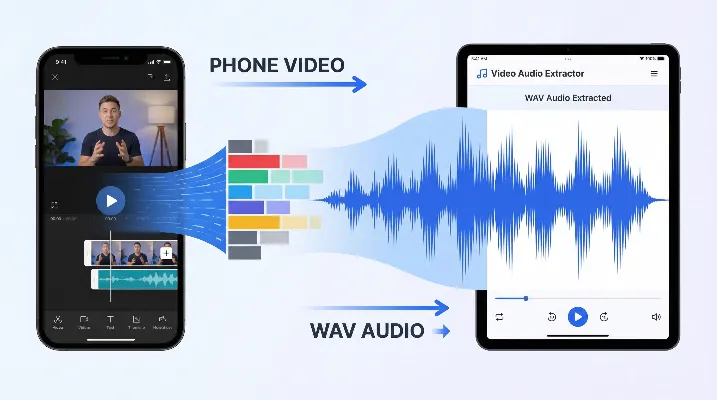 Mobile user seamlessly converting iphone video to wav in browser